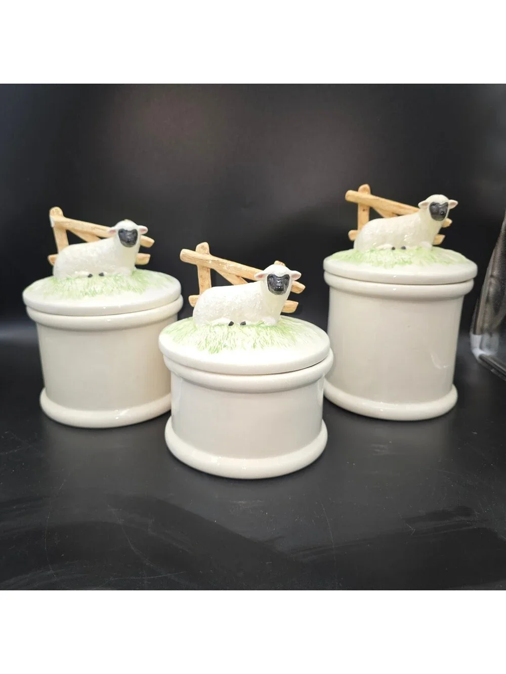 Vtg 1980s Ceramic Sheep Canister Set 3pc Farmhouse Cottagecore Trio Jars Flawed